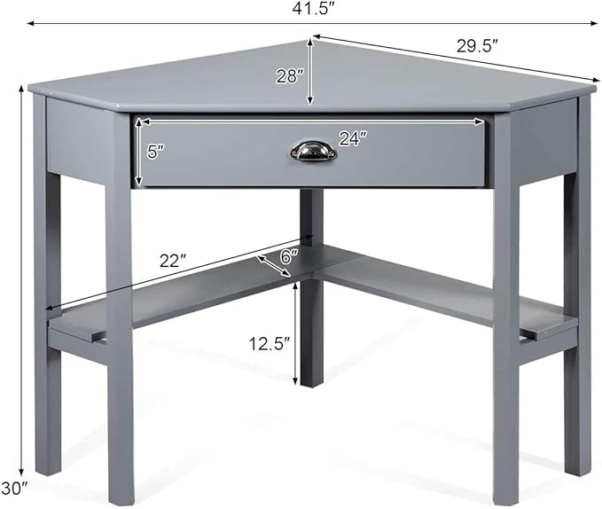 Nightcore Small, Wood Computer Desk, Compact Writing w/Drawer & Storage Shelves, Space Saving Study Workstation, Laptop PC Corner Table, Grey