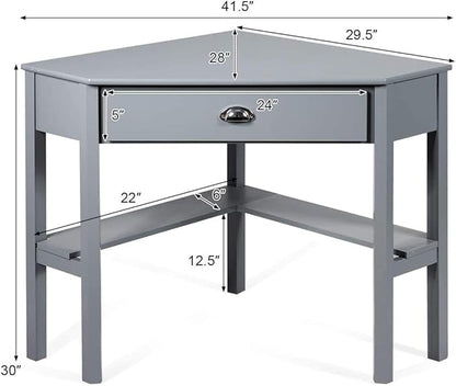 Nightcore Small, Wood Computer Desk, Compact Writing w/Drawer & Storage Shelves, Space Saving Study Workstation, Laptop PC Corner Table, Grey
