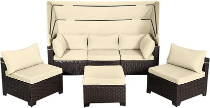 6 PCS Outdoor Patio Furniture Set,Sectional Sofa Set,Rattan Daybed with Retractable Canopy,Adjustable Backrest,Storage Coffee Table,Chaise Chair Sunbed for Porch Garden Poolside Backyard(Beige)