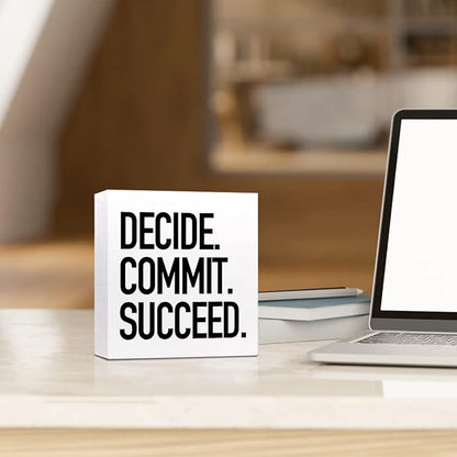 Decide Commit Succeed Wooden Sign Desk Decor,Motivational Fitness Gym Workout Quote Wood Block Sign Desk Decorations for Home Gym Office Desk Shelf Table Decor