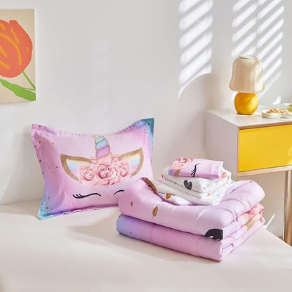 ADASMILE A & S Full Unicorn Comforter Sets for Girls 6 Pieces Pink Floral Unicorn Bedding Set with Colorful Cute Love Heart Sheets Full for Girls Unicorn Bed in a Bag Comforter for Home Decor