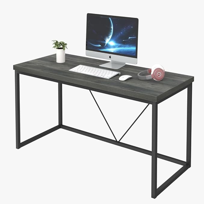 55 inch Computer Desk, Vintage Work Desk for Home Office, Rustic Wood and Metal Study Writing Table, Grey