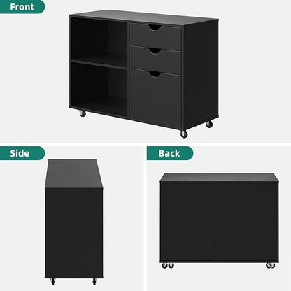 YITAHOME Wood File Cabinet, 3 Drawer Mobile Lateral Filing Cabinet, Storage Cabinet for A4, Letter Size Files, Printer Stand with Shelves for Home Office, Black