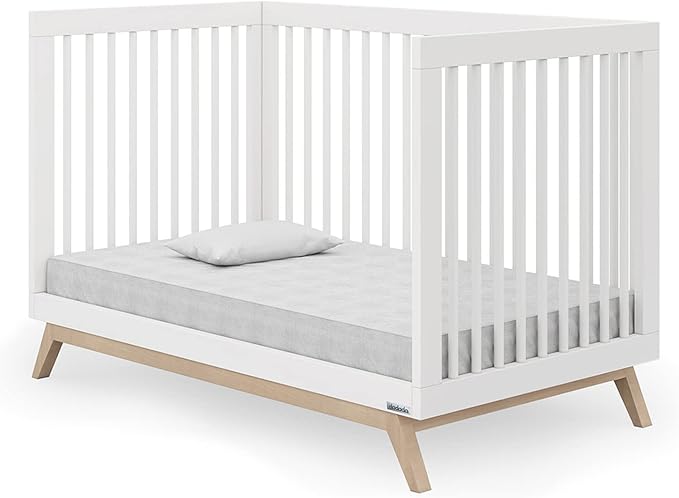 dadada Baby Soho 3-in-1 Convertible Crib – Made in Italy, GREENGUARD Gold, Adjustable Mattress Height, Solid Beechwood – Baby-Safe Finish, Modern Design 53.15 x 29.95 x 36.7 in (White + Natural)