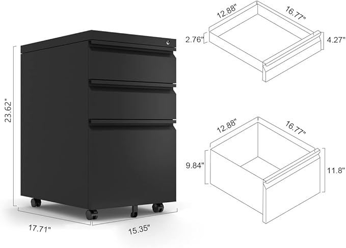 3-Drawer Mobile Lock and 5 Casters,Pre-Assembled Metal Office Storage Filing Cabinets w/ 1 Removable Hanging Rods,for Legal/Letter Size,Black
