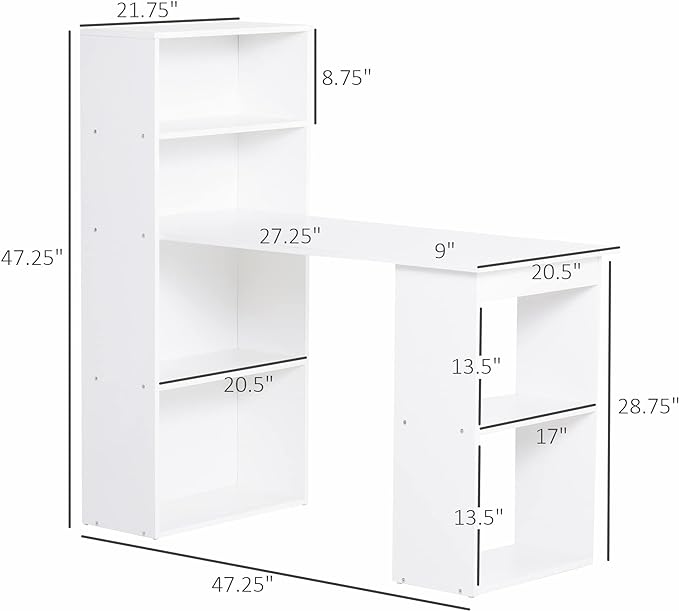 HOMCOM Modern Home Office Desk with 6-Tier Storage Shelves, 47" Writing Table with Bookshelf, White
