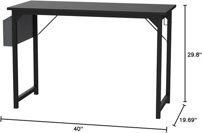 SMUG Computer Desk 40 Inch Home Office Writing Wood Storage Bag & Headphone Hook Small Spaces Simple Bedroom Work Study Kids Table, Black