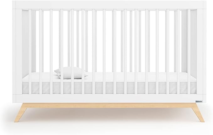 dadada Baby Soho 3-in-1 Convertible Crib – Made in Italy, GREENGUARD Gold, Adjustable Mattress Height, Solid Beechwood – Baby-Safe Finish, Modern Design 53.15 x 29.95 x 36.7 in (White + Natural)