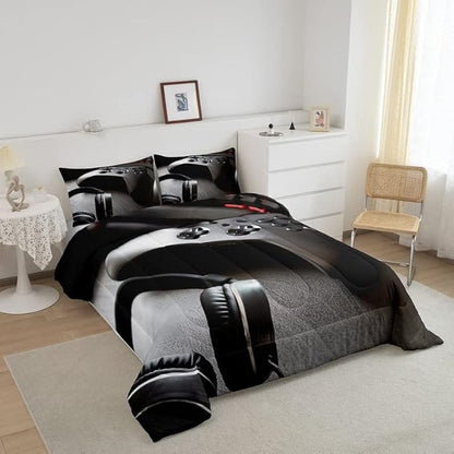 Gaming Bedding Set Boys Game Controller Comforter for Kids Girls Teens Modern Gamer Headset Comforter Set Youth Gaming Console Video Game Decor Duvet Set with 2 Pillow Case Full Size Black