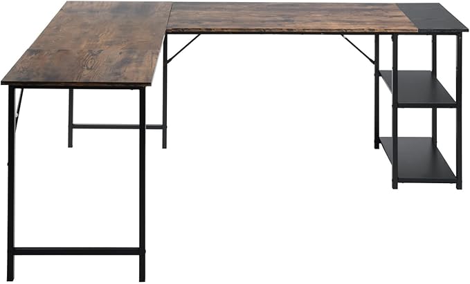 FurnitureR L-Shaped 58.3''Corner Computer Desk with Storage Shelf Long Gaming Desk for Home Office PC Workstation Saving Space Laptop Table (Brown and Black)