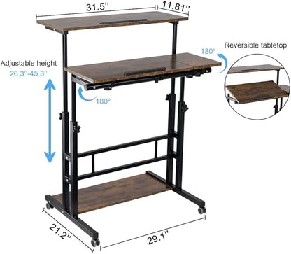 Hadulcet Mobile Standing Desk, Rolling Table Adjustable Computer Desk, Stand Up Laptop Desk Mobile Workstation for Home Office Classroom with Wheels, 31.49 x 23.6 in Rustic Brown