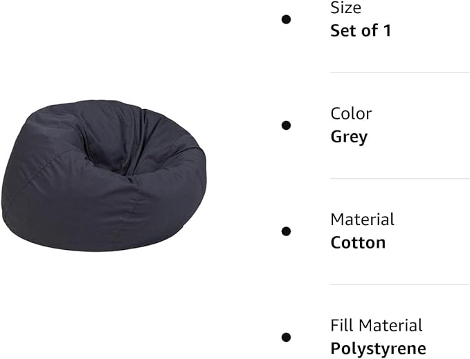 Flash Furniture Dillon Small Bean Bag Chair for Kids and Teens, Foam-Filled Beanbag Chair with Machine Washable Cover, Gray