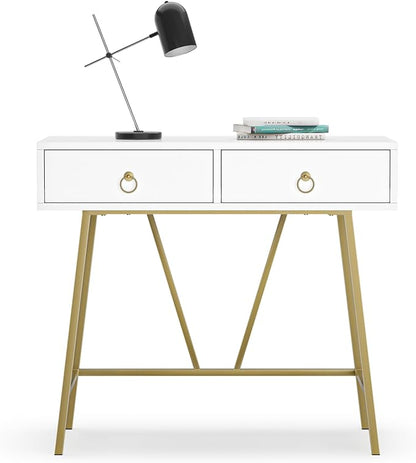 Anmytek Modern Home Office Desk, 35.4 Inch Makeup Vanity Table White Study Desk 2 Drawers Writing Desk Computer Desk with Golden Legs, D0002