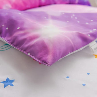 Holawakaka Kids Space Star Glitter Comforter Set Ombre Pink & Blue Print Gradient Bedding Set Twin Size (Pink Lavender, Twin)