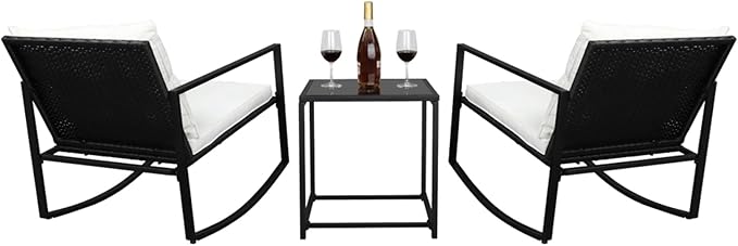 Outvita 3-Piece Rocking Bistro Set, Outdoor Wicker Patio Furniture Set with Glass Coffee Table Perfect for Outdoor Porch, Balcony and Garden (White)