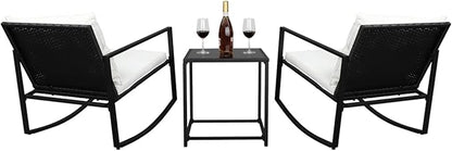 Outvita 3-Piece Rocking Bistro Set, Outdoor Wicker Patio Furniture Set with Glass Coffee Table Perfect for Outdoor Porch, Balcony and Garden (White)