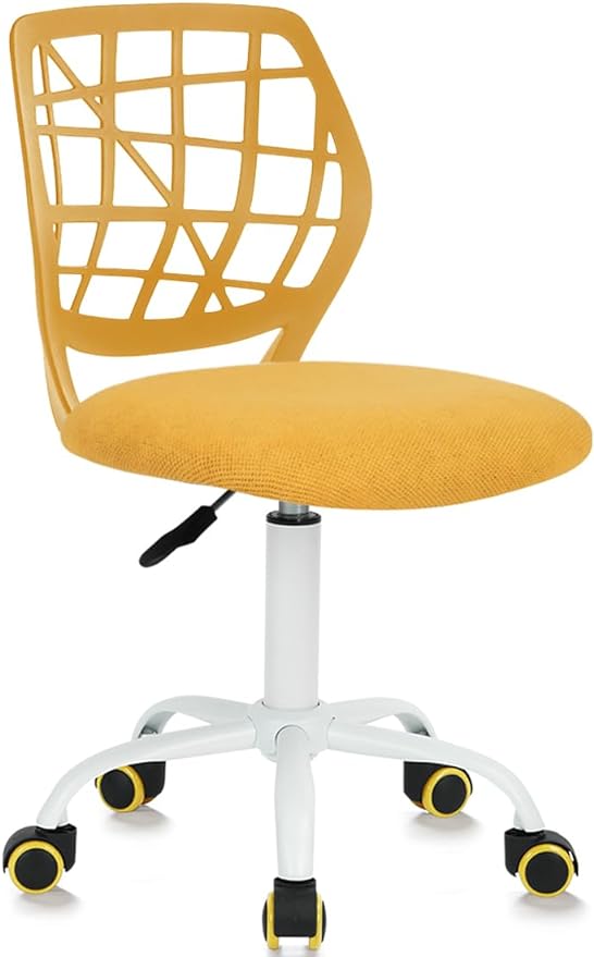 Kids Desk Chair, Fabric Office Chair Armless Small Mid Back Swivel Children Computer Task Chair Ergonomic Height Adjustable Study Chairs with Swivel Padded Cushion and Rolling Wheels, Yellow