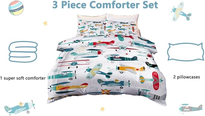 Kids Airplane Comforter Set Twin Size Colorful Cartoon propeller plane Bedding Set Kids Boys Teens Young Man Cartoon Airplanes Down Comforter Aviation Theme Duvet Bedroom Decor