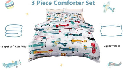 Kids Airplane Comforter Set Twin Size Colorful Cartoon propeller plane Bedding Set Kids Boys Teens Young Man Cartoon Airplanes Down Comforter Aviation Theme Duvet Bedroom Decor