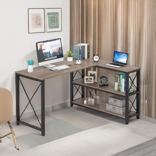 Tribesigns Reversible Industrial L-Shaped Desk with Storage Shelves, Corner Computer Desk PC Laptop Study Table Workstation for Home Office Small Space (Grey, 53")