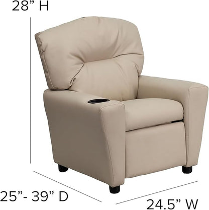 Flash Furniture Chandler Vinyl Kids Recliner with Cup Holder and Safety Recline, Contemporary Reclining Chair for Kids, Supports up to 90 lbs., Beige
