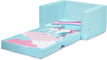 Delta Children Cozee 2-in-1 Convertible Sofa to Lounger For Bedroom - Lightweight,Portable Comfy Flip Open Couch/Sleeper for Kids, Blue Unicorn