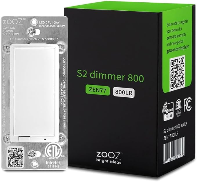 Zooz 800 Series Z-Wave Long Range S2 Dimmer Switch ZEN77 800LR, White | Simple Direct 3-Way and 4-Way Solution (Works with Regular Switches, No Aux Switch Needed) | Z-Wave Hub Required