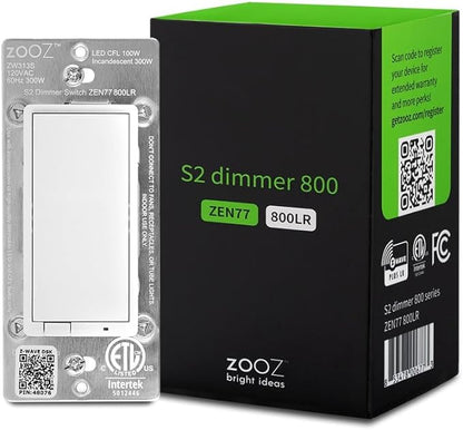 Zooz 800 Series Z-Wave Long Range S2 Dimmer Switch ZEN77 800LR, White | Simple Direct 3-Way and 4-Way Solution (Works with Regular Switches, No Aux Switch Needed) | Z-Wave Hub Required