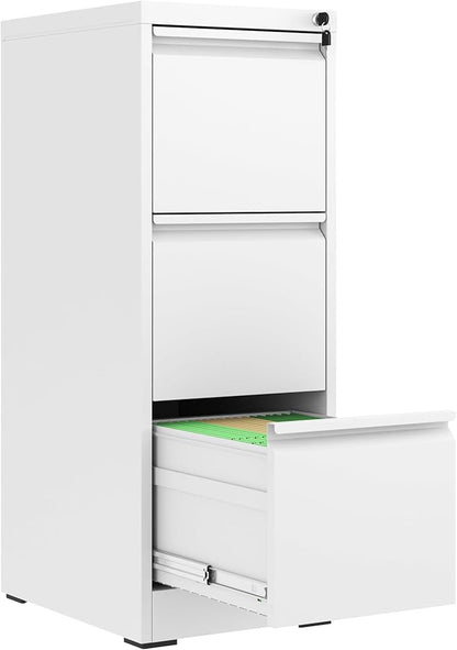 3 Drawer File Cabinet with Lock, Metal Vertical Filing Cabinets for Home Office, Steel Storage Cabinet for Hanging Legal/Letter Size Files, Assembly Required (White)