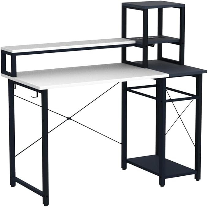 armocity 2024 Upgrade Gaming Desk with LED Lights, Small Computer Desk with Long Monitor Stand, 40'' Reversible Laptop Table with Shelves, Small Desk for Small Spaces, Gaming Room, White and Blue