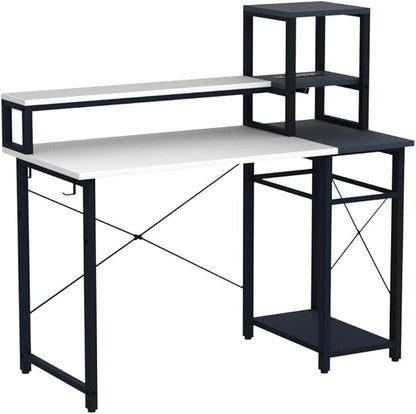 armocity 2024 Upgrade Gaming Desk with LED Lights, Small Computer Desk with Long Monitor Stand, 40'' Reversible Laptop Table with Shelves, Small Desk for Small Spaces, Gaming Room, White and Blue
