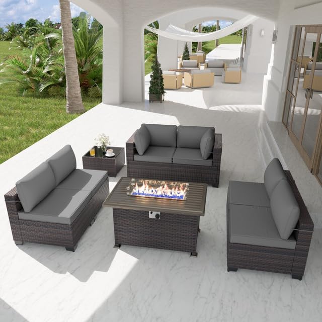 Patio Furniture Set with Fire Pit Table 8 Pieces Outdoor Sectional Furniture Outdoor Rattan Patio Conversation Sets with 43in 55,000 BTU Propane Gas Fire Pit Table Glass Table, Grey