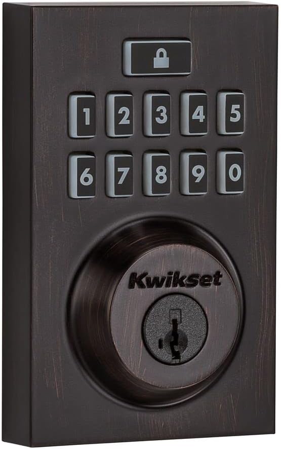 Kwikset 914 Contemporary Keypad SmartCode Electronic Deadbolt Smart Lock featuring SmartKey Security and ZigBee 3.0 Technology in Venetian Bronze