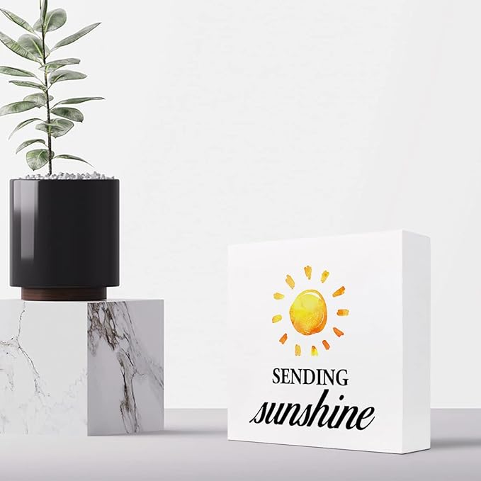 Sending Sunshine Wood Block Sign Desk Decor,Rustic Inspirational Wooden Box Plaque Sign Desk Decor for Home Office Shelf Table Decorations