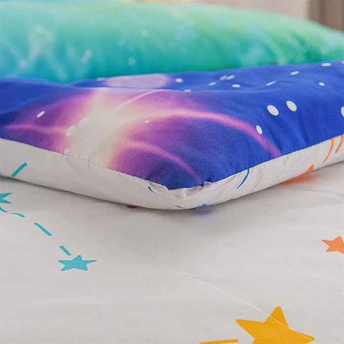 Holawakaka Kids Space Star Glitter Comforter Set Ombre Blue & Green Print Gradient Bedding Set Twin Size(Blue Green, Twin)