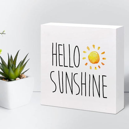 Hello Sunshine Wood Box Sign Decor Desk Sign,Farmhouse Rustic Summer Sunshine Wooden Box Block Sign for Home Office Shelf Table Decor Decorations