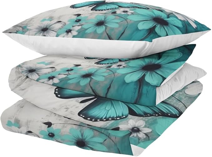 Butterfly Flowers Comforter Sets Twin Size, Vintage Floral Butterfly Kids Bedding Sets for girls Teens 3 Piece Bedroom Decor
