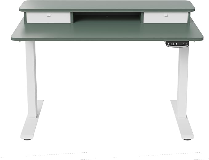 FEZIBO 40 x 24 Inch Height Adjustable Electric Standing Desk with Double Drawer, Stand Up Desk with Storage Shelf, Sit Stand Desk, Green