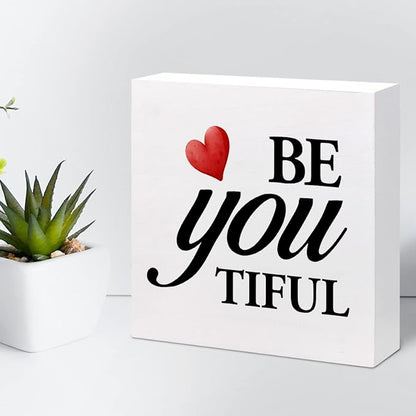 Be You Tiful Sign,Inspirational Quote Wood Box Sign,Motivational Wooden Block Signs,Positive Wood Signs,Decorations for Home Women Girl Room Office Shelf Table Decor