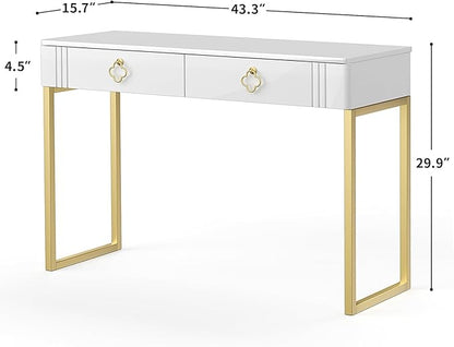 White Desk with Drawers,Modern Laptop Table with gold metal legs,43 inch Makeup Vanity Small Desk with Storage, Stylish & Functional Computer Desk Work Stations for Home Office