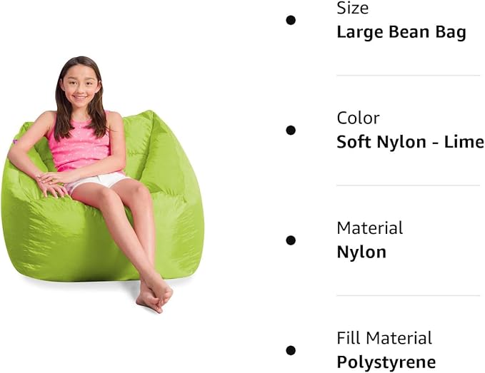 Posh Creations Coronado Bean Bag Boys and Girls Large Chair for Kids, for Gaming and Playrooms, Soft Nylon-Lime