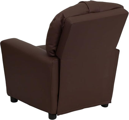 Flash Furniture Chandler LeatherSoft Kids Recliner with Cup Holder and Safety Recline, Contemporary Reclining Chair for Kids, Supports up to 90 lbs., Brown