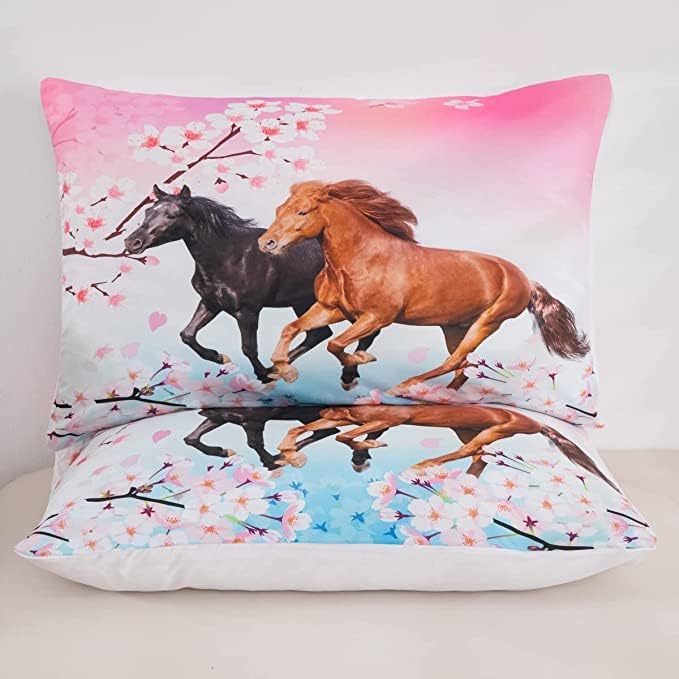 Feelyou Kids Horse Comforter Set for Girls King Size Chic Cherry Blossom Bedding Set for Horse Lover Gift Galloping Horse Printed Comforter 3D Wild Animal Duvet Set Bedroom Decor Quilt Set 3Pcs