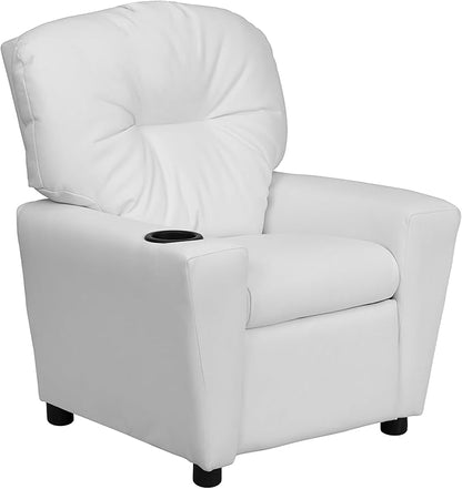 Flash Furniture Chandler Vinyl Kids Recliner with Cup Holder and Safety Recline, Contemporary Reclining Chair for Kids, Supports up to 90 lbs., White
