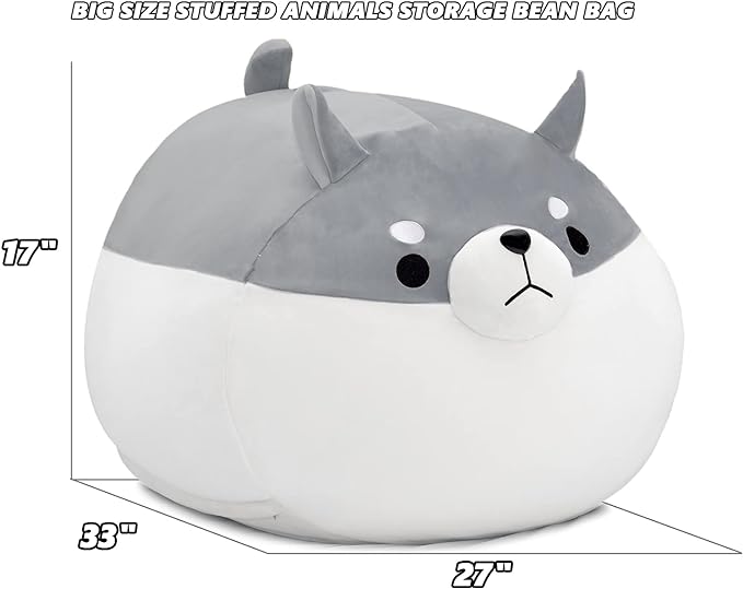 Stuffed Animal Storage Bean Bag Chair Cover for Kids Grey Shiba Inu Dog Bean Bag Chair for Girls X-Large Size Toy Organizer Cover Only Without Filling