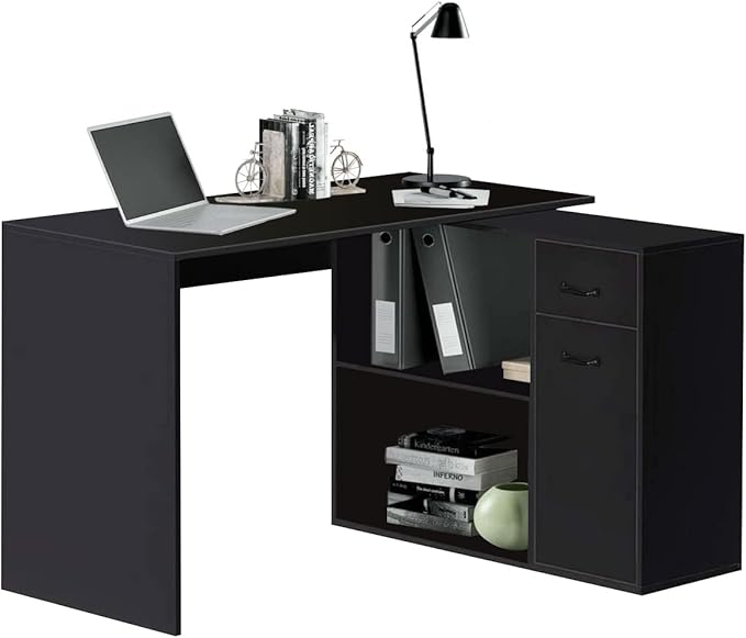 L-Shaped Rotating Computer Desk with Storage Shelves 68 inch Home Office Desk Corner with Drawers and File Cabinet Multipurpose Study Writing Table for Bedroom Small Space Black