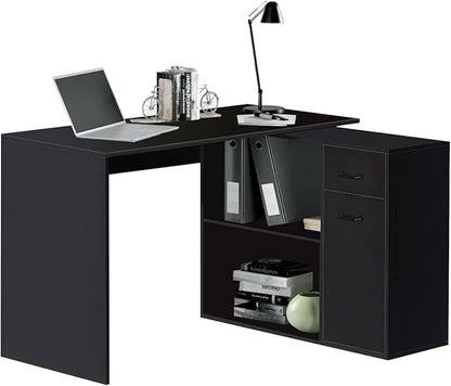 L-Shaped Rotating Computer Desk with Storage Shelves 68 inch Home Office Desk Corner with Drawers and File Cabinet Multipurpose Study Writing Table for Bedroom Small Space Black