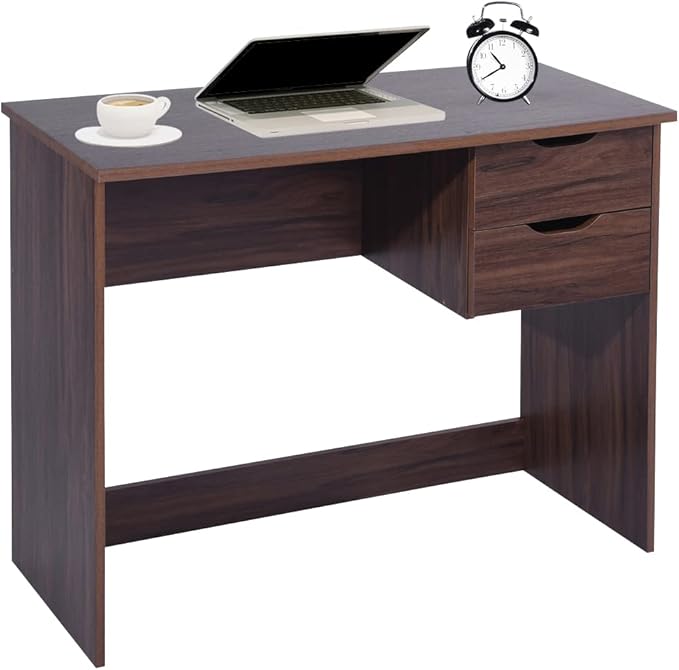 Home Office Computer Desk, 35.4" Small Study Writing Table, with Storage Drawers, Modern Teen Student Adult PC Table Desk, Walnut