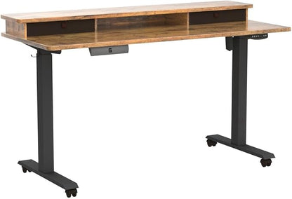 FEZIBO 60 x 24 Inch Height Adjustable Electric Standing Desk with Double Drawer, Stand Up Desk with Storage Shelf, Sit Stand Desk, Rustic Brown