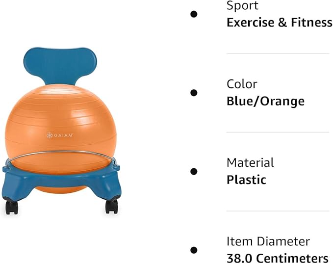 Gaiam Kids Balance Ball Chair - Classic Children's Stability Ball Chair, Alternative School Classroom Flexible Desk Seating for Active Students, Orange/Blue